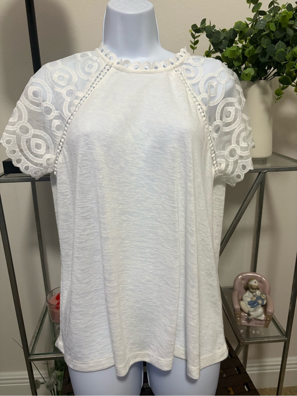 Greige Womens LG White Lace Embellished Short Slub Sleeve Casual T-Shirt